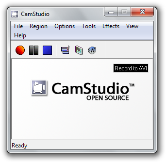 Классическое окно CamStudio 2.x с меню и кнопками Record, Pause и Stop