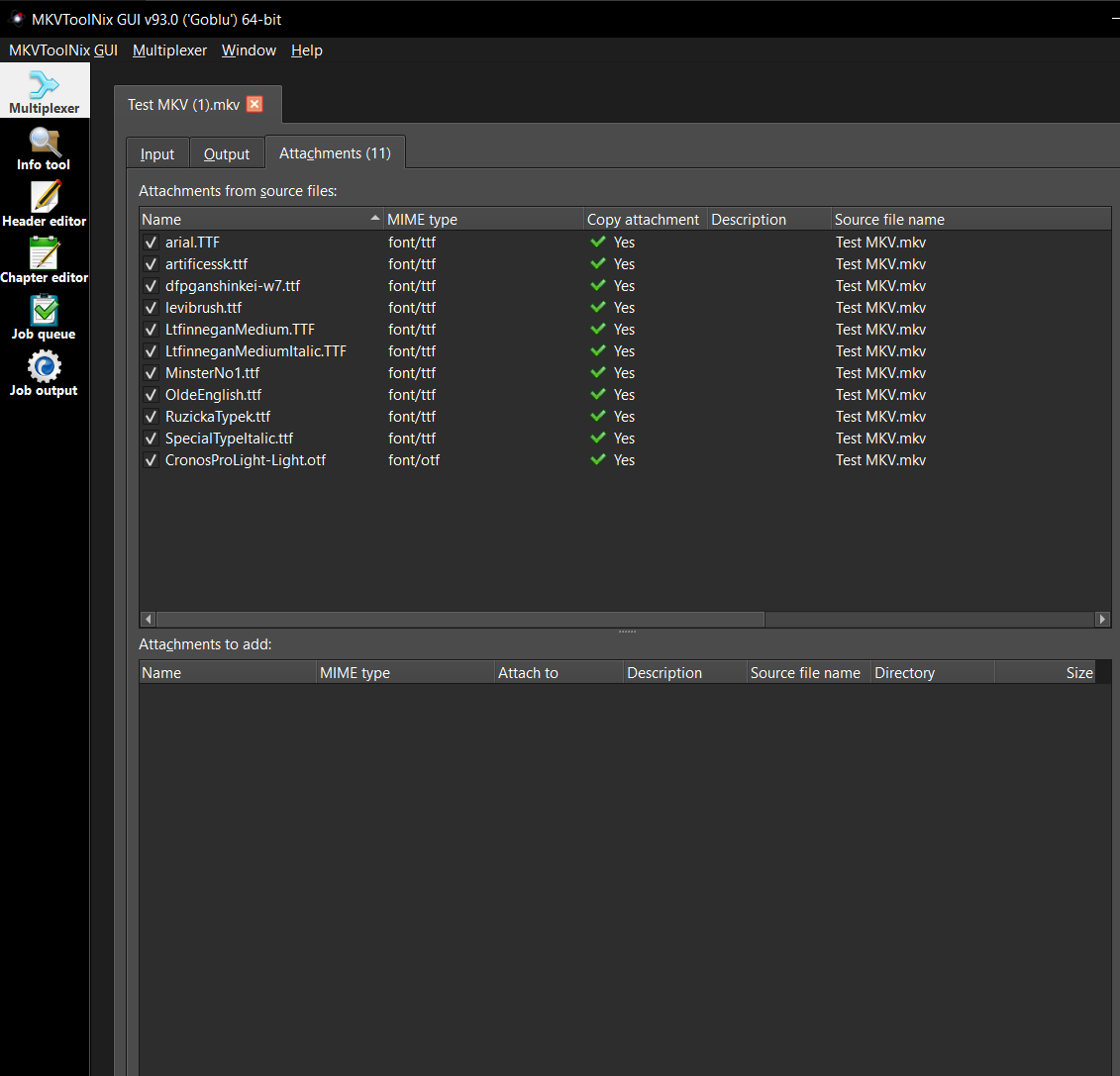 Вкладка Attachments в MKVToolNix GUI со списком встроенных шрифтов TTF и OTF