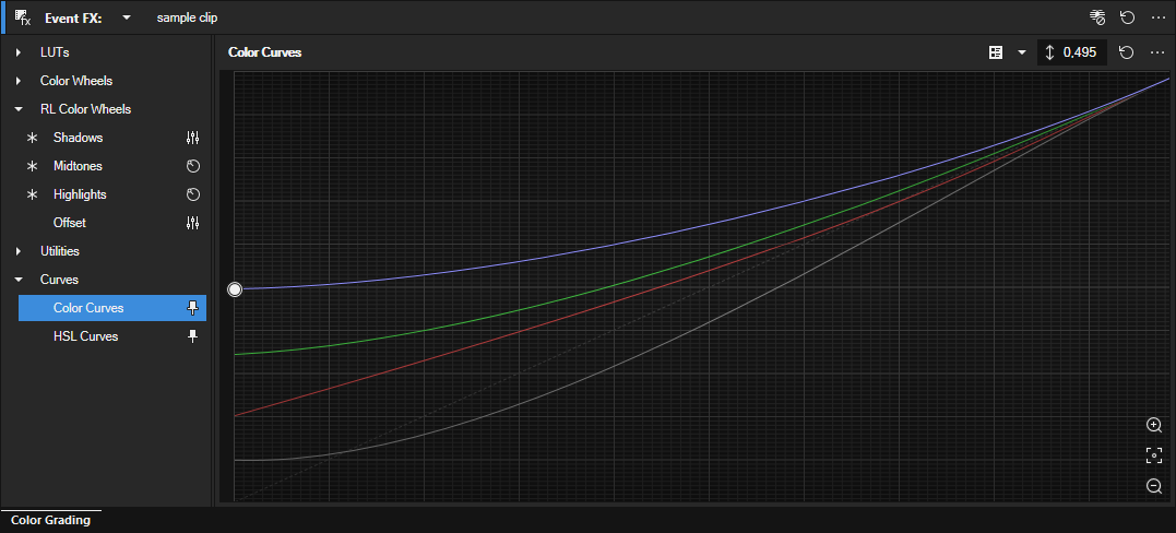Панель Color Grading VEGAS Pro с отдельными кривыми яркости и каналов RGB