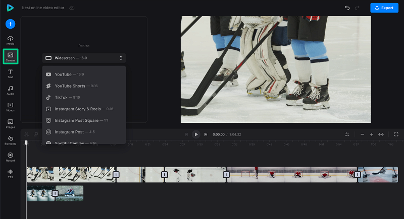 Настройка соотношения сторон Canvas в Clideo Video Editor