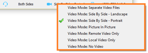 Меню режимов записи Evaer с Separate Video Files, Side By Side, Picture In Picture и односторонними режимами