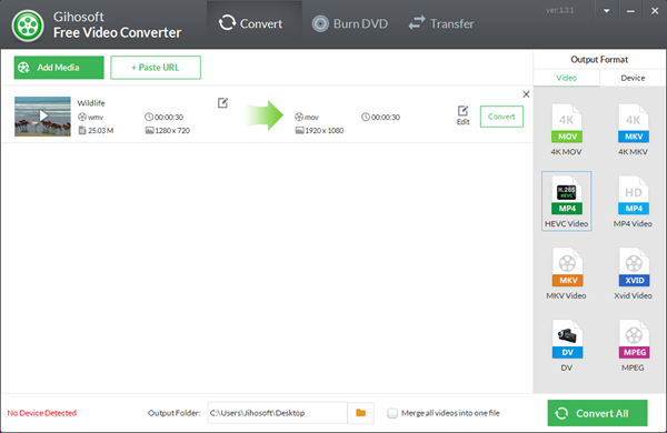 Выбор выходного формата в Gihosoft Free Video Converter