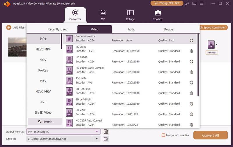 Окно выбора формата в Apeaksoft Video Converter Ultimate с профилями MP4, MOV, MKV, AVI и другими вариантами