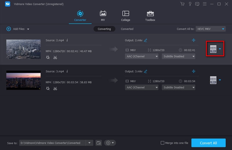 Выбор выходного профиля HEVC MKV в Vidmore Video Converter