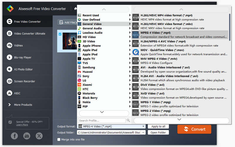 Меню Output format в Aiseesoft Free Video Converter с профилями видео и устройств