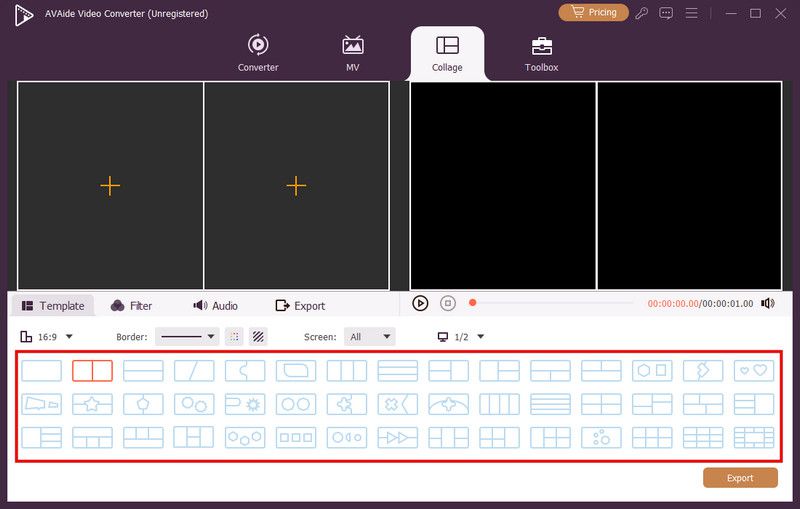 Раздел Collage в AVAide Video Converter с шаблонами разделённого экрана