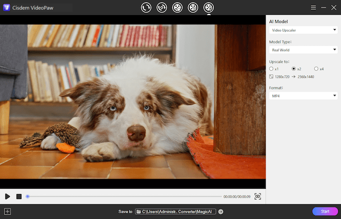 Модуль AI Video Enhancer в Cisdem VideoPaw с выбором AI Model и параметров увеличения