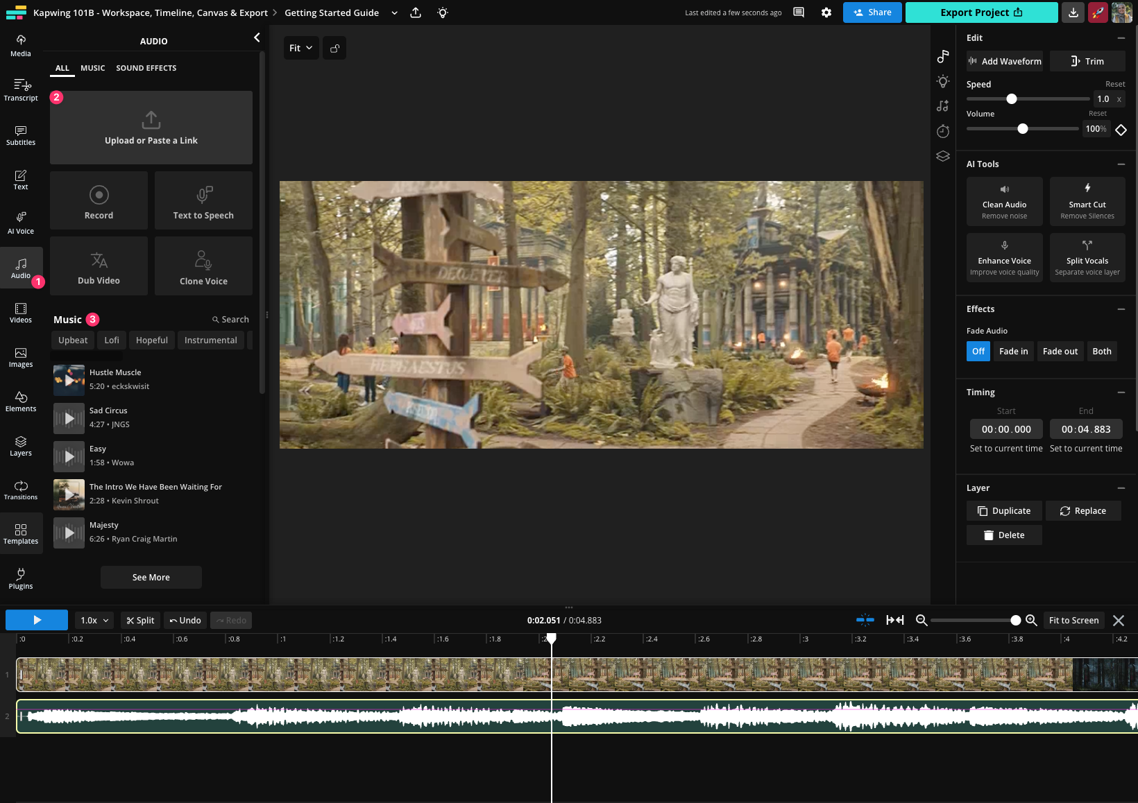 Kapwing Studio с панелью аудио, окном предпросмотра, правой панелью свойств и многослойным таймлайном