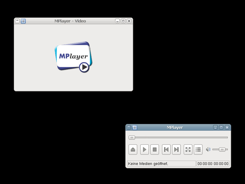 MPlayer с оформлением Clearlooks: отдельное окно видео и панель с позицией, громкостью и кнопками воспроизведения