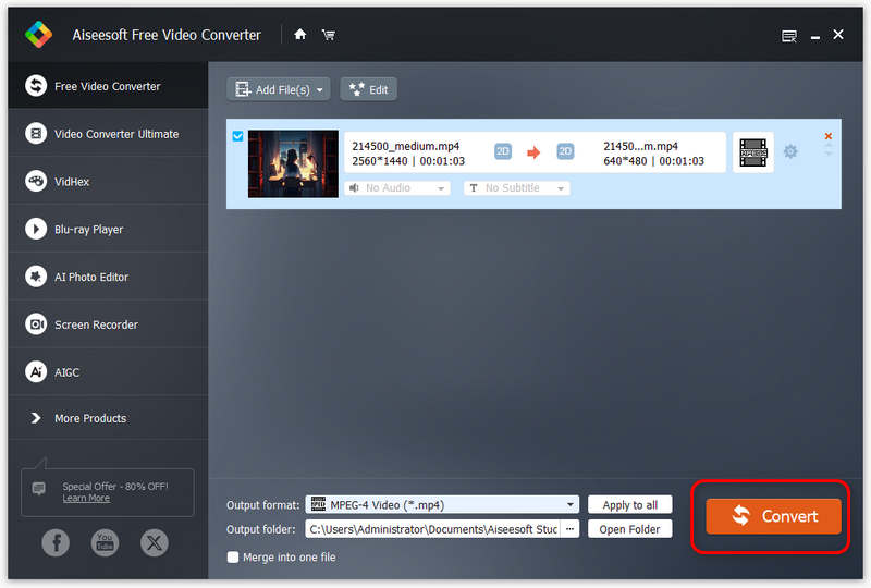 Aiseesoft Free Video Converter перед запуском конвертации кнопкой Convert