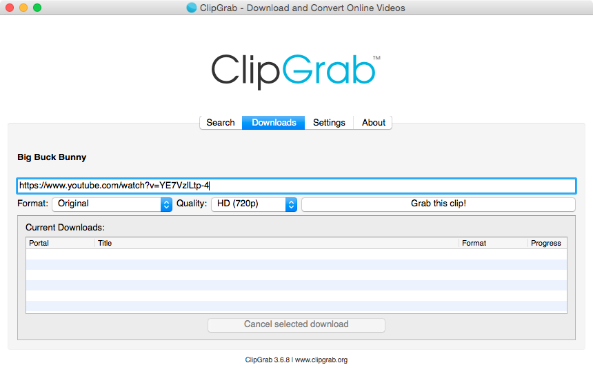 Официальный скриншот вкладки Downloads в классическом интерфейсе ClipGrab 3