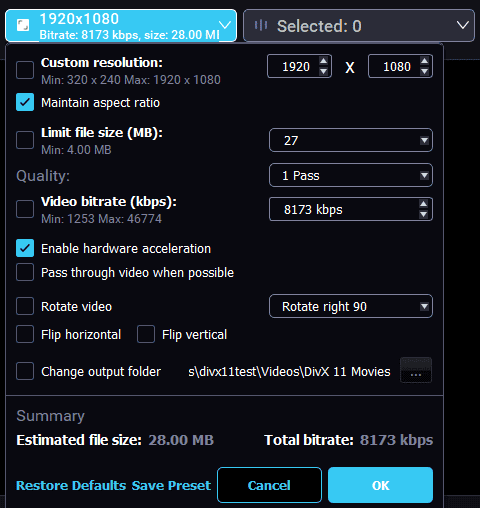 Настройки видео DivX Converter с разрешением, размером, битрейтом, аппаратным ускорением, pass-through и поворотом