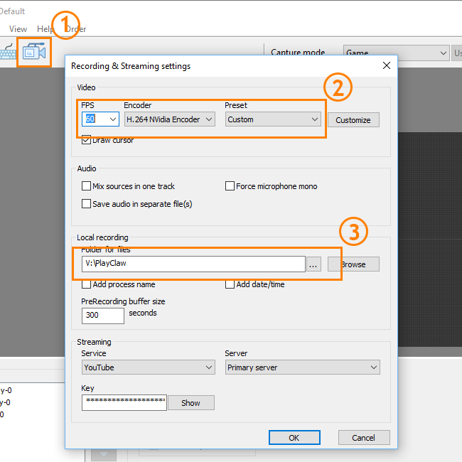 Окно Recording and Streaming settings в PlayClaw 6 с выбором FPS, H.264 NVIDIA Encoder, пресета, каталога записи и параметров стриминга