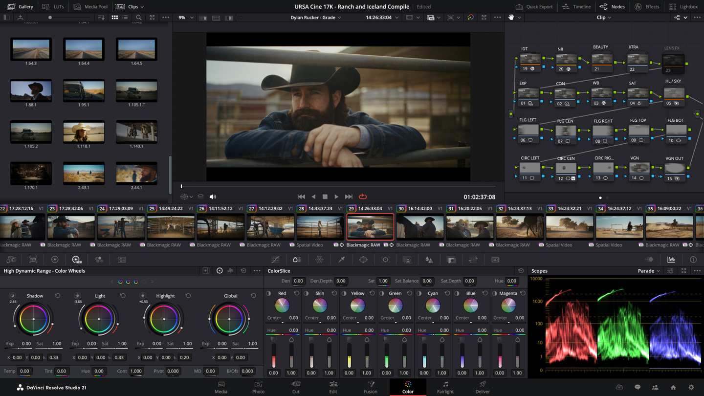 Интерфейс Color page DaVinci Resolve Studio 21 с узловым графом, HDR wheels и scopes