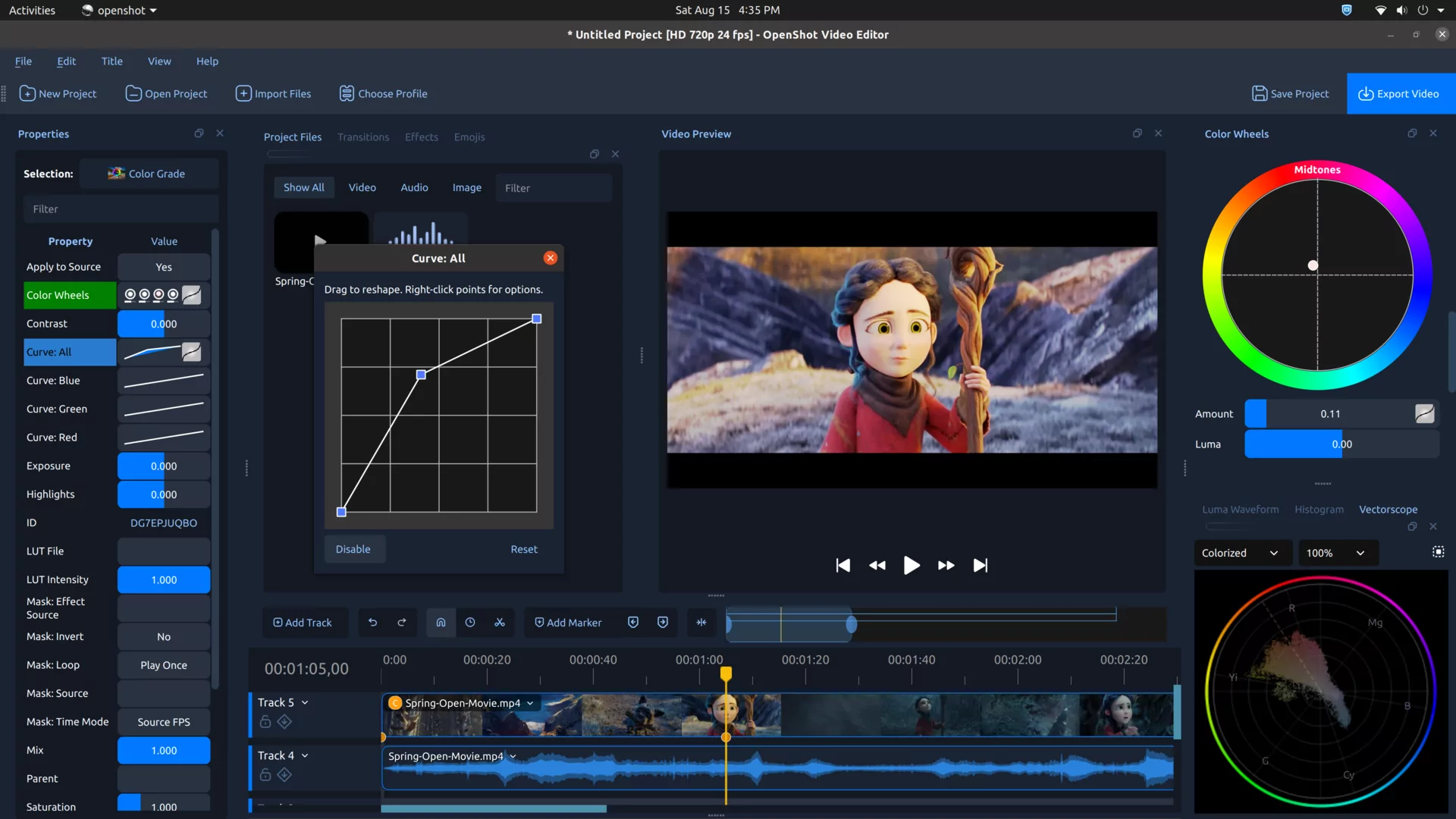 Цветовые кривые и интерфейс Color Grade в OpenShot 4.0
