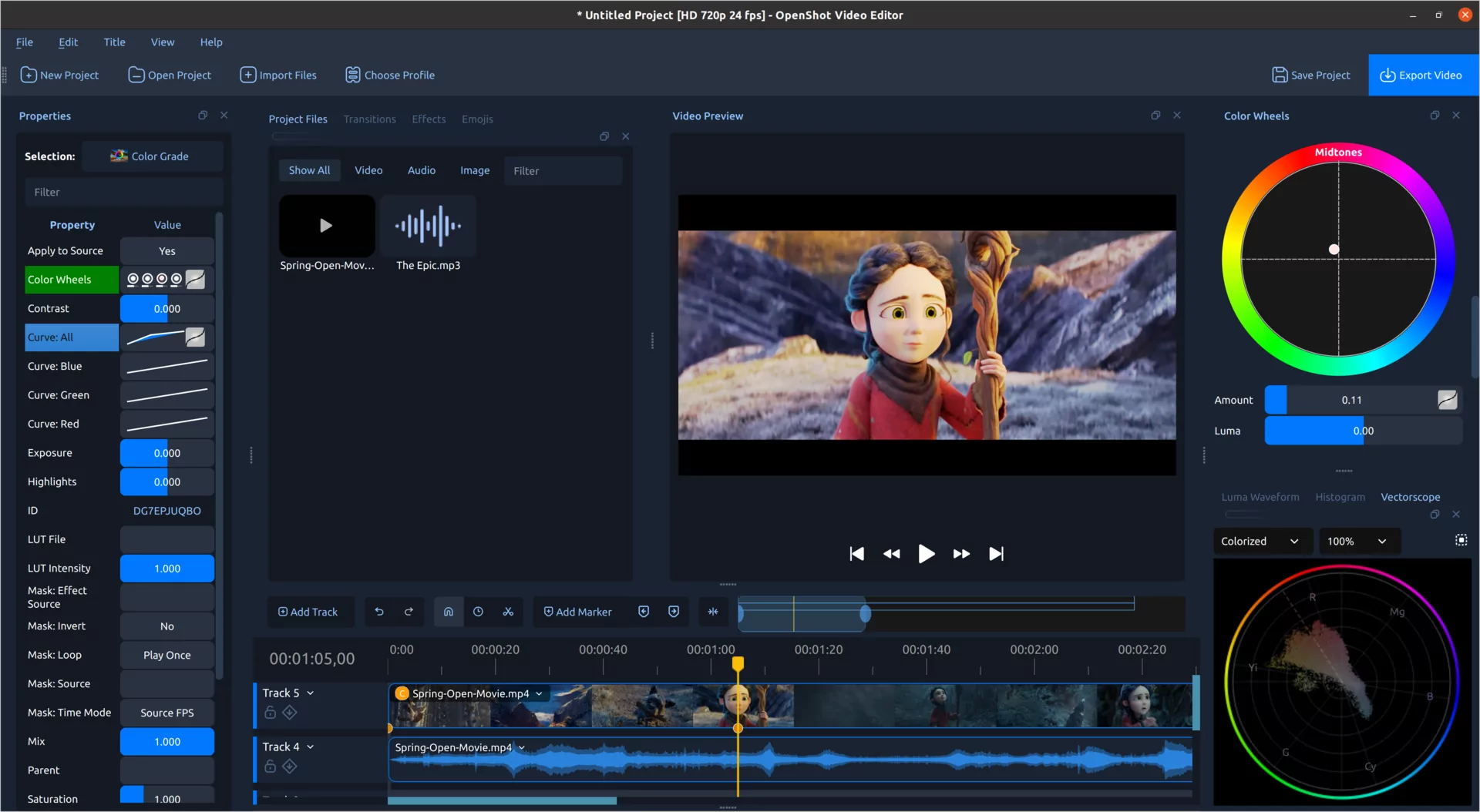 Color View в OpenShot 4.0 с окном видео, свойствами Color Grade, цветовым колесом и vectorscope