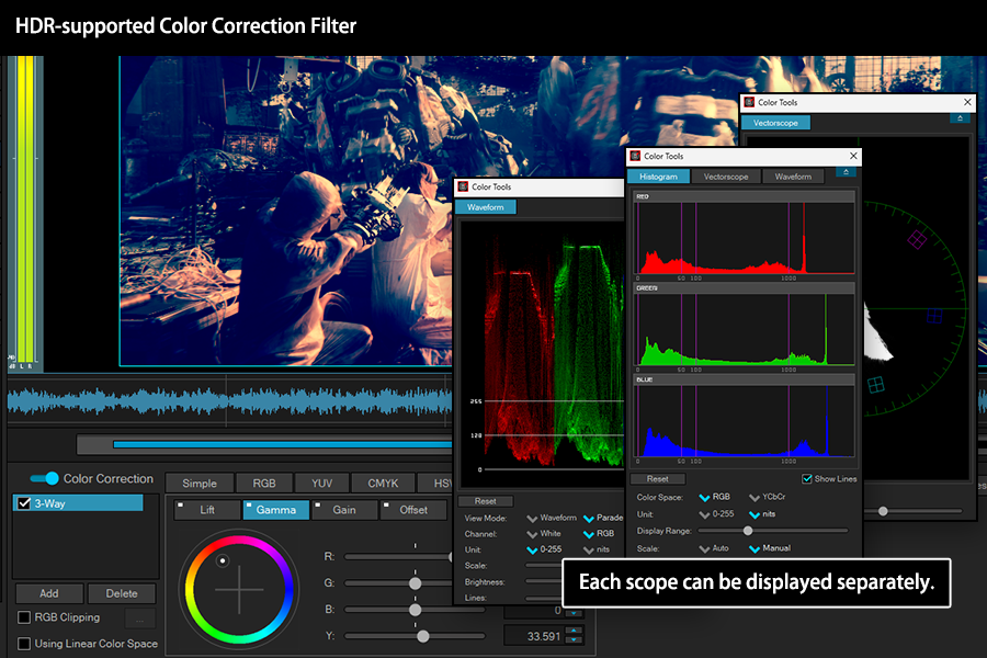 Цветокоррекция TMPGEnc Video Mastering Works 8 с инструментами анализа изображения