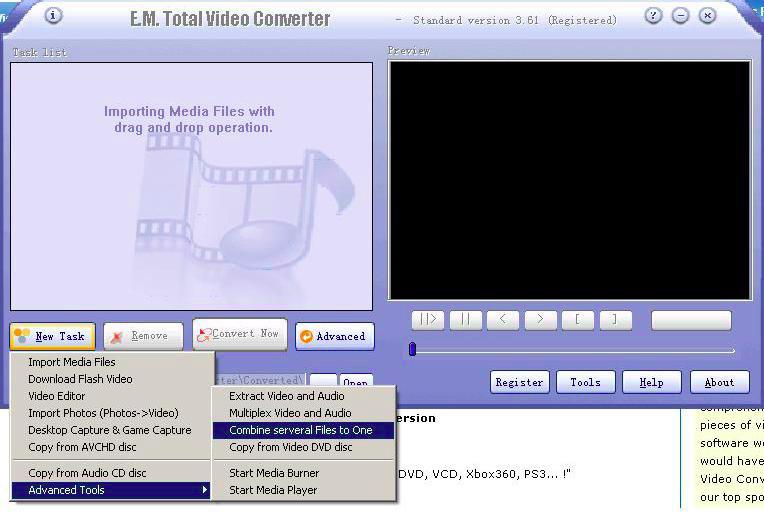 Главное окно Total Video Converter с меню New Task и пунктом объединения файлов