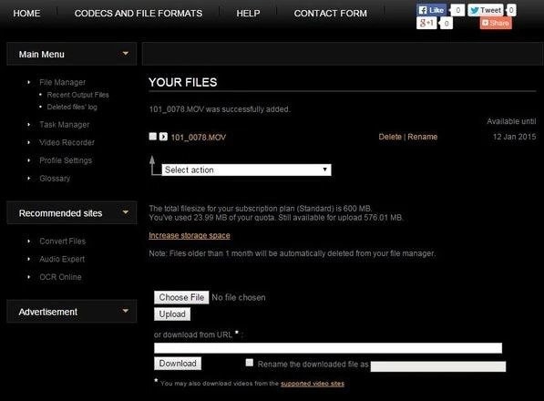 File Manager Video Toolbox со списком Your Files, загрузкой файла и меню выбора операции