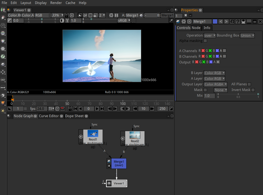 Интерфейс Natron с двумя Read, Merge, Viewer и панелью свойств