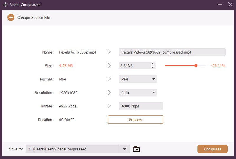Окно Video Compressor в Apeaksoft Video Converter Ultimate с настройками размера, разрешения и битрейта