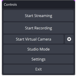 Панель Controls OBS Studio с командами Start Streaming, Start Recording, Start Virtual Camera и Studio Mode