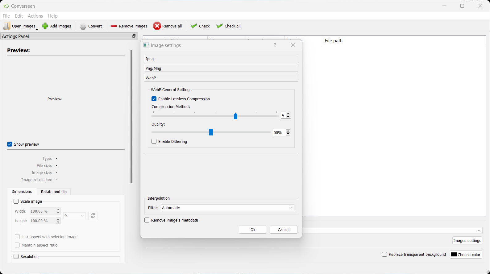 Диалог Image settings в Converseen с параметрами WebP, интерполяции и удаления метаданных
