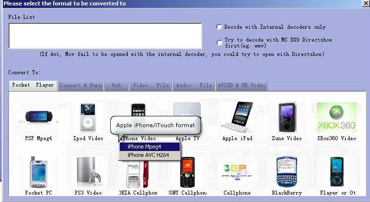 Окно выбора профиля устройства в Total Video Converter