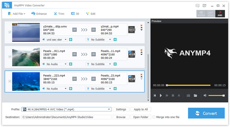 AnyMP4 Video Converter перед запуском преобразования с выбранным профилем и кнопкой Convert