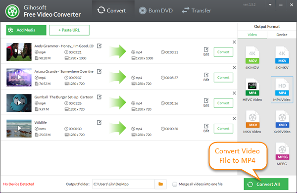 Очередь из нескольких файлов и кнопка Convert All в Gihosoft Free Video Converter