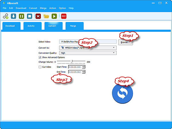 Вкладка Convert в Allavsoft с выбором файла, выходного формата и качества