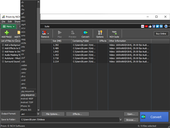 Главное окно Prism Video Converter со списком файлов и выбором выходного формата