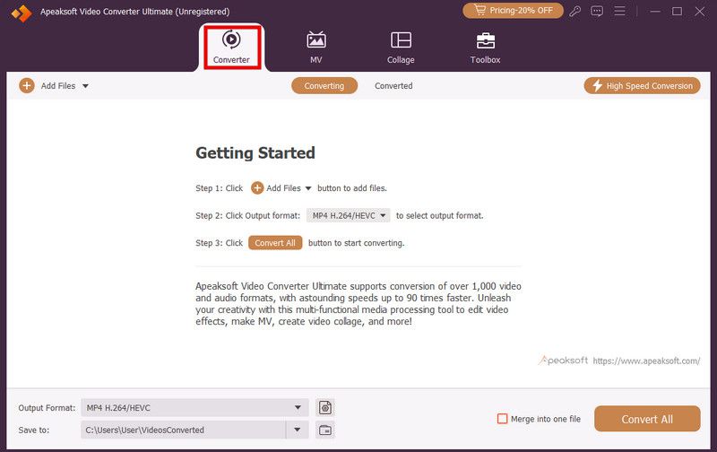 Главное окно Apeaksoft Video Converter Ultimate с вкладками Converter, MV, Collage и Toolbox