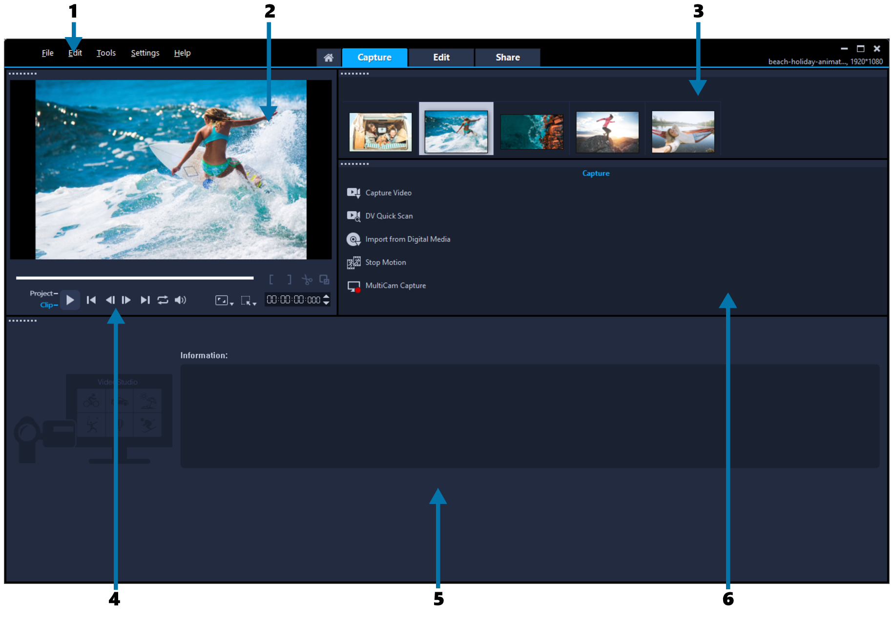 Рабочая область Capture в Corel VideoStudio 2023