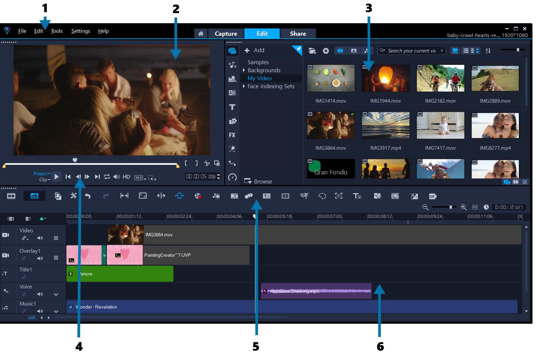 Рабочая область Edit в Corel VideoStudio 2023 с библиотекой и временной шкалой