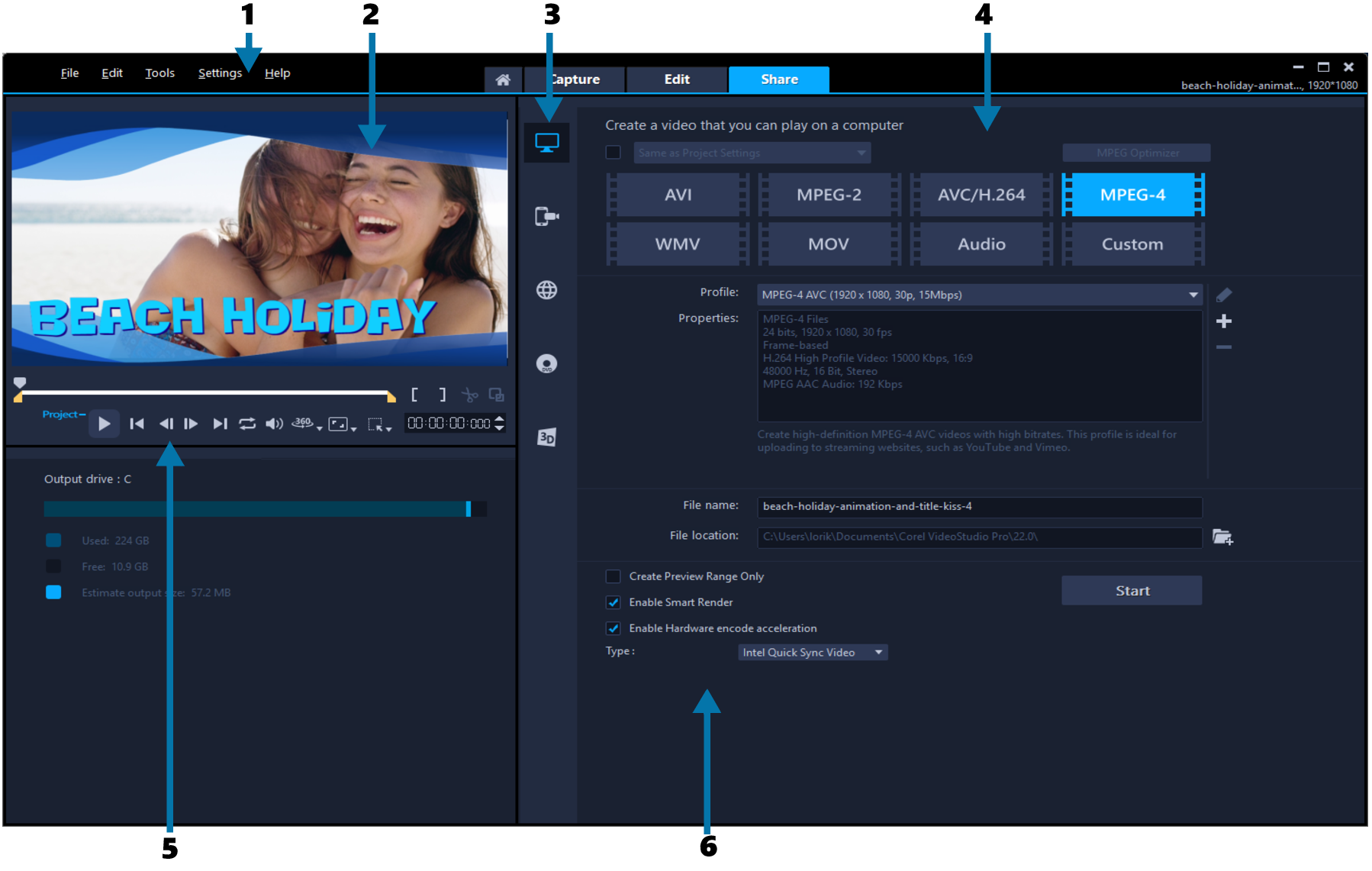 Рабочая область Share в Corel VideoStudio 2023 с настройками экспорта