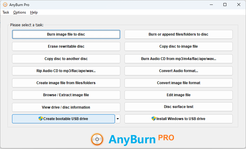 Главное окно AnyBurn Pro с перечнем операций записи, образов, аудио и USB