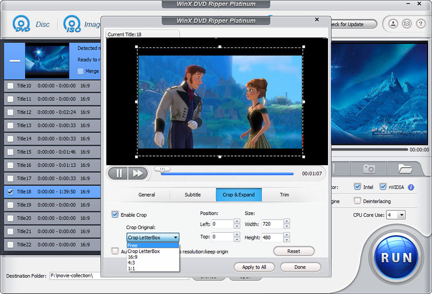 Окно Crop and Expand в WinX DVD Ripper Platinum