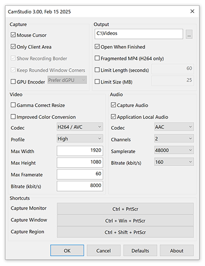 Панель настроек CamStudio 3.00 с разделами Capture, Output, Video, Audio и Shortcuts