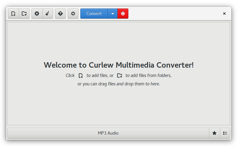 Главное окно Curlew Multimedia Converter с кнопками добавления файлов и запуска конвертации