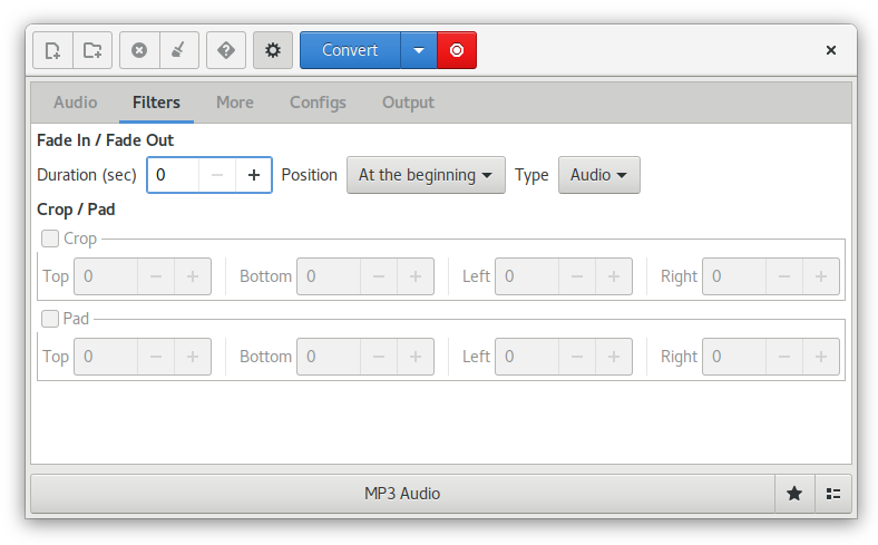 Вкладка Filters Curlew с Fade In Fade Out, Crop и Pad
