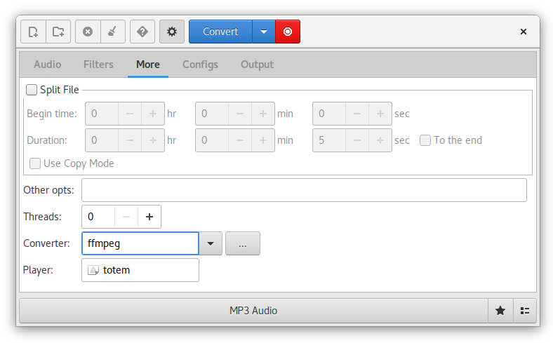 Вкладка More Curlew с Split File, Copy Mode, Other opts, Threads, Converter и Player