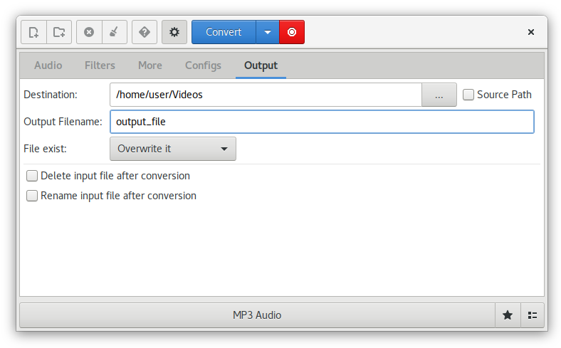 Вкладка Output Curlew с папкой назначения, именем результата и действиями над исходным файлом