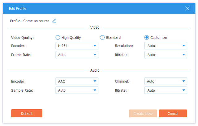 Окно Edit Profile AVAide DVD Ripper с настройками кодека, разрешения, частоты кадров и битрейта