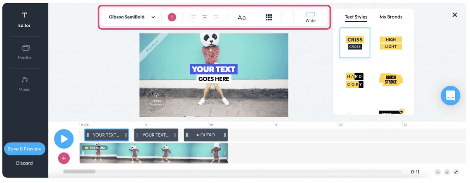 Редактирование шрифта и текста в Promo.com с панелью Text Styles и таймлайном