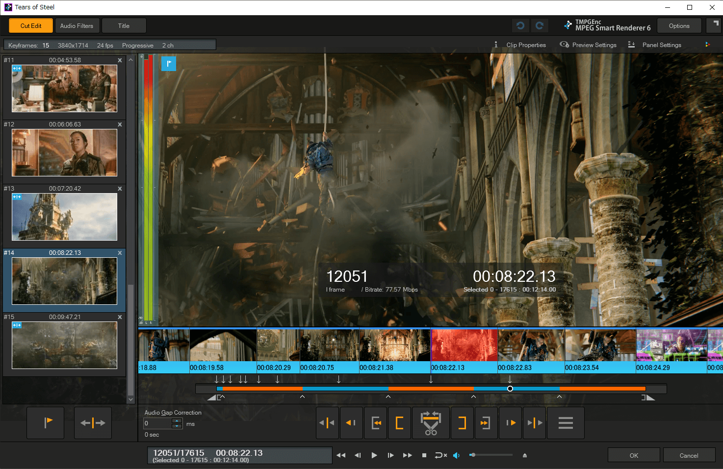 Окно Cut Edit в TMPGEnc MPEG Smart Renderer 6 с предпросмотром, миниатюрами, формой волны и диапазонами монтажа