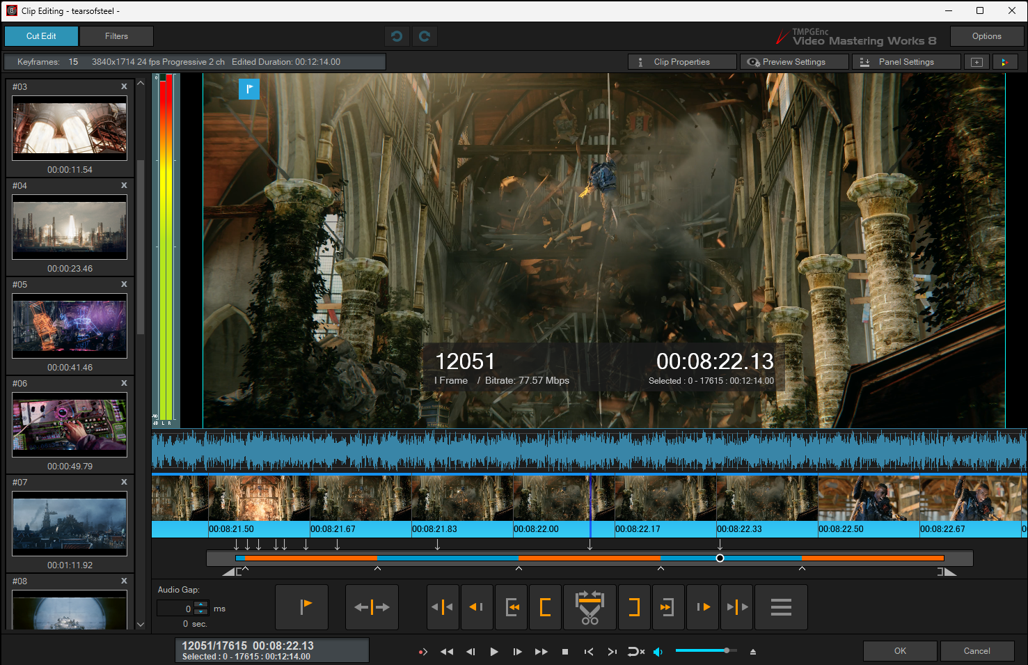 Окно Cut Edit в TMPGEnc Video Mastering Works 8 с предпросмотром и шкалой кадров