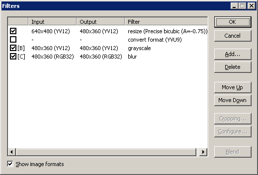 Диалог Filters в VirtualDub с последовательностью resize, convert format, grayscale и blur