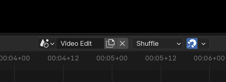 Выбор сцены Video Edit в заголовке Video Sequencer рядом с режимом Shuffle и привязкой