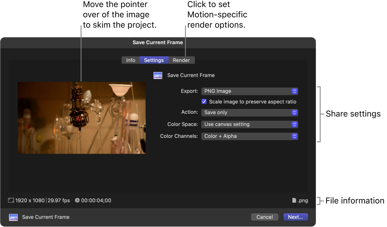 Окно Save Current Frame в Apple Motion с настройками PNG, color space и alpha